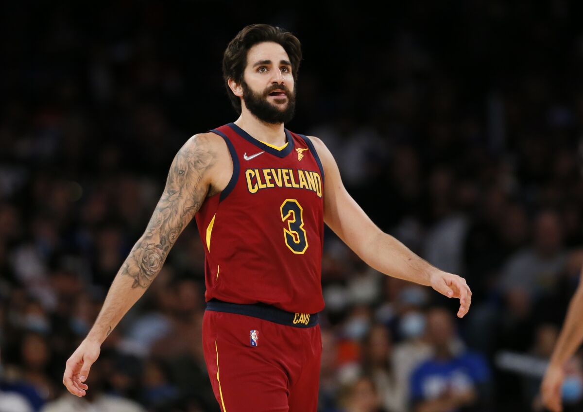 Cleveland Cavaliers guard Ricky Rubio (3) reacts after a foul by the New York Knicks during the second half of an NBA basketball game in New York, Sunday, Nov. 7, 2021. (AP Photo/Noah K. Murray)