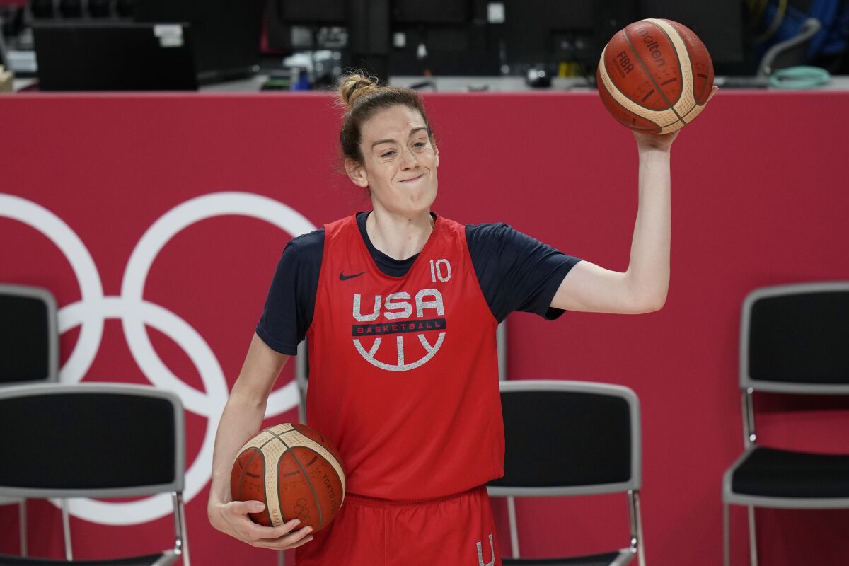United States' Breanna Stewart takes part in a women's basketball practice at the 2020 Summer Olympics, Saturday, July 24, 2021, in Saitama, Japan. (AP Photo/Eric Gay)