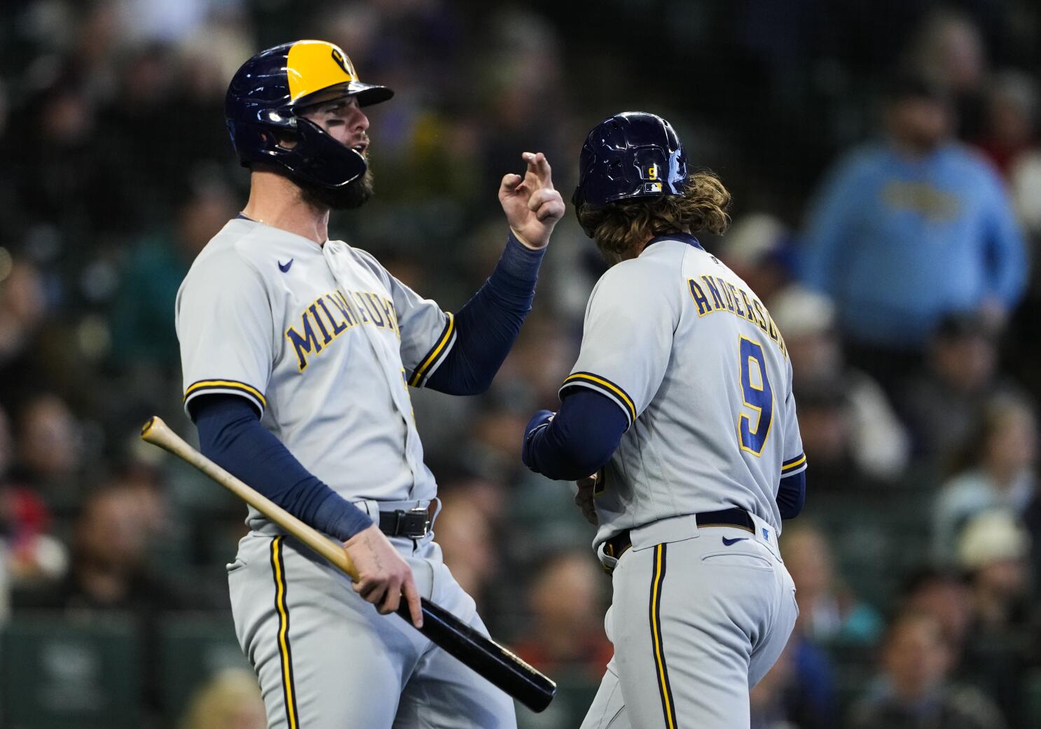 Brice Turang and Garrett Mitchell of Milwaukee Brewers make