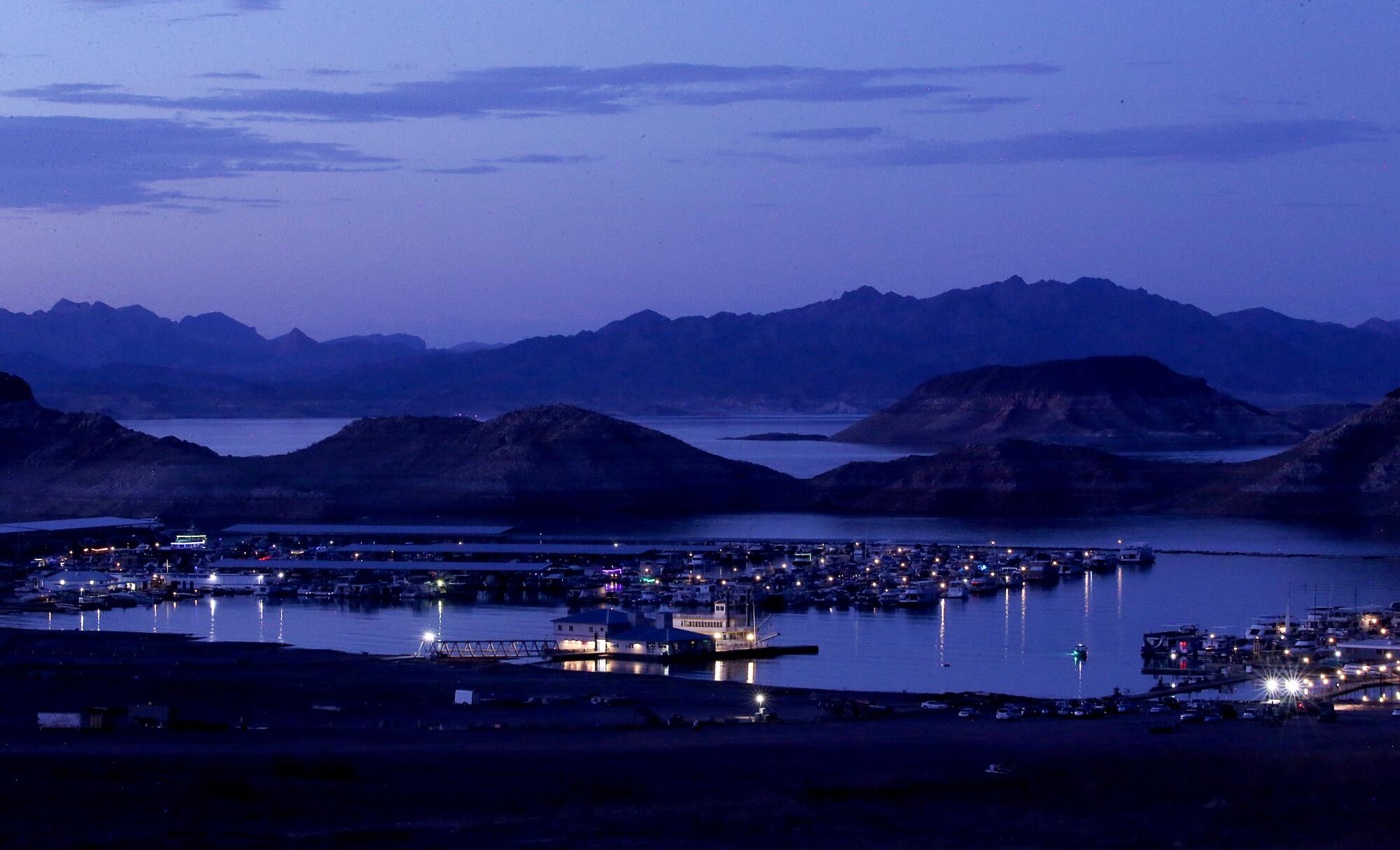Lights from the Lake Mead Marina twinkle at dusk.