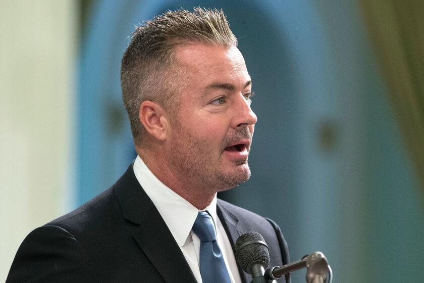 FILE - In this Aug. 18, 2016 file photo, California Assemblyman Travis Allen, R-Huntington Beach, addresses the Assembly in Sacramento, Calif. Allen said Thursday, June 22, 2017, he's entering the 2018 California gubernatorial that has largely been dominated by Democrats. (AP Photo/Rich Pedroncelli, file)