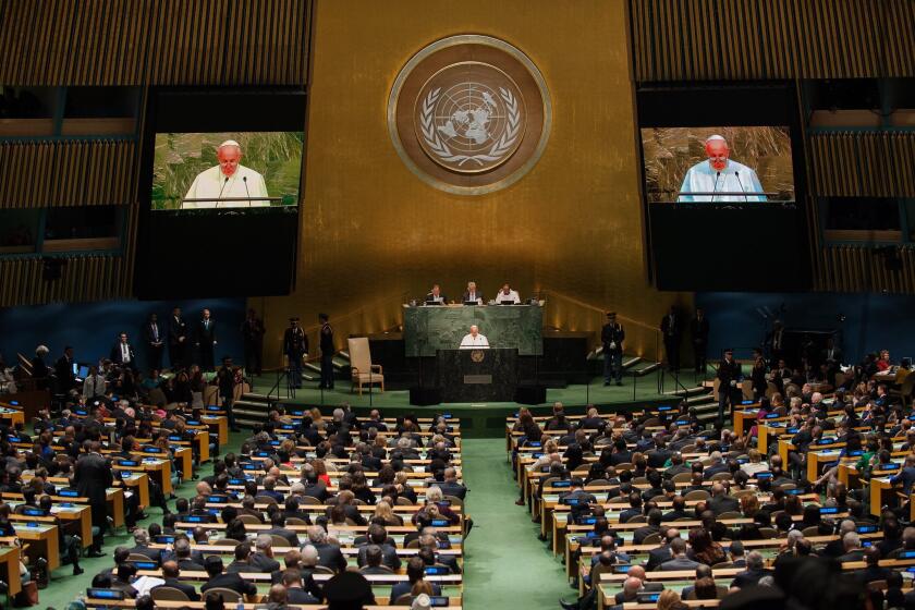 Pope Francis delivers an address to the General Assembly of the United Nations on September 25, 2015 in New York City.