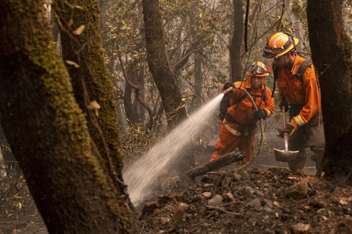 A fire crew drowns embers on the Bear fire on Friday in Oroville, Calif. 