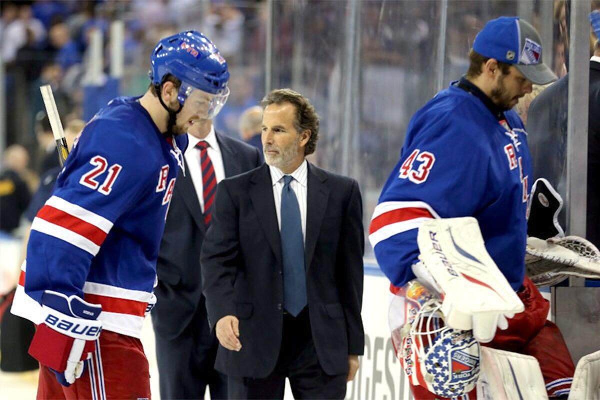 The Rangers and Coach John Tortorella walk off the ice after losing to the Bruins, 2-1, giving Boston a 3-0 series lead.