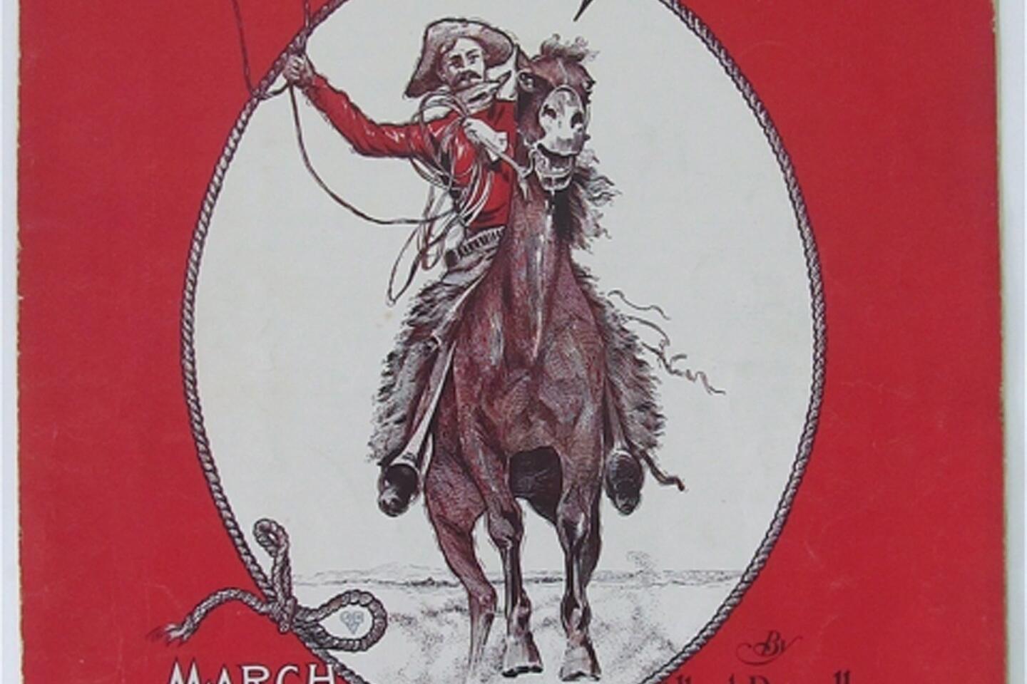 The cover for the sheet music "Across the Plains," composed by Albert Russell, 1905 or 1908. The sheet music is part of the 2013 book, "Songs in the Key of Los Angeles: Sheet Music From the Collection of the Los Angeles Public Library."