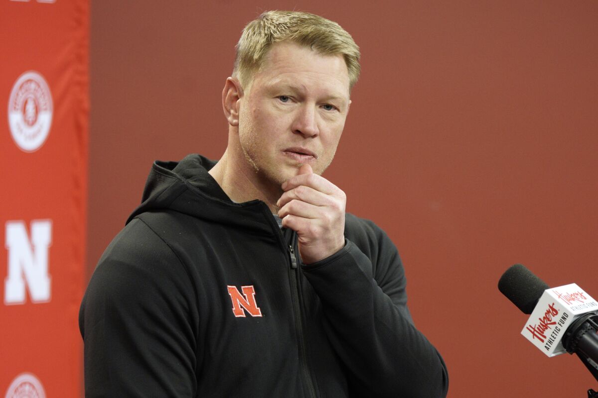 FILE - Nebraska head coach Scott Frost listens to a question during a news conference on the first day of NCAA college football spring practice in Lincoln, Neb., in this Monday, March 9, 2020, file photo. The Huskers are on their longest streak of losing seasons (four) since the six in a row from 1956-61. (AP Photo/Nati Harnik, File)