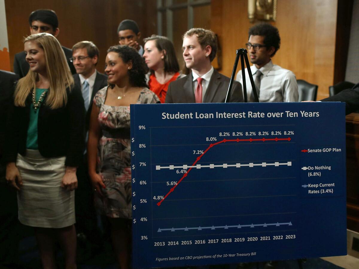 The interest rate on the federally subsidized Stafford loans is scheduled to double if Congress fails to act by July 1. Above: Students on Capitol Hill participate in a news conference about student loans.