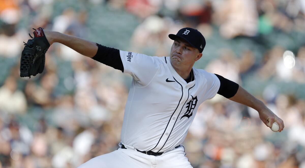 The Tigers' Tarik Skubal pitches against the Twins during a game in Detroit.
