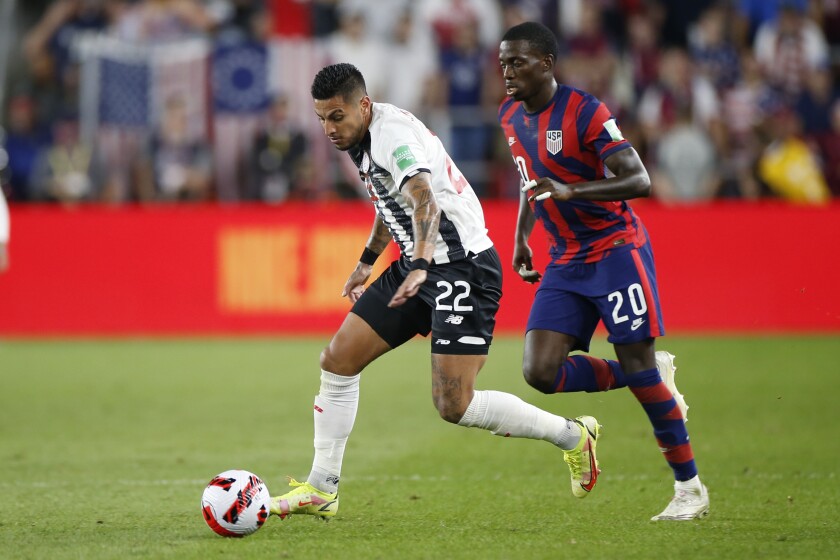 Costa Rica's Ronald Matarrita controls the ball as United States' Tim Weah defends.