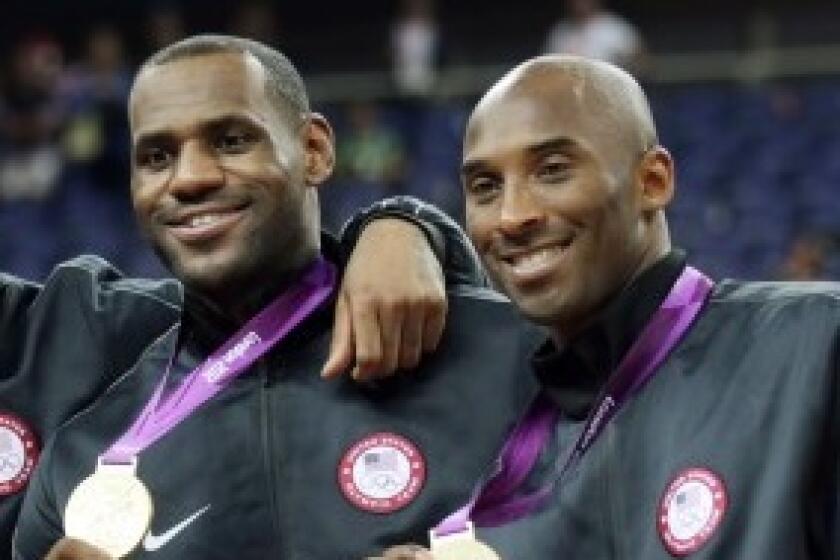 LeBron James and Kobe Bryant celebrate after winning gold at the 2012 London Olympics.