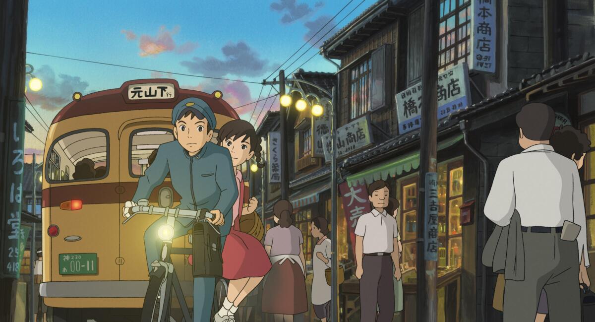 An animated still of teenage boy and girl on a bike 