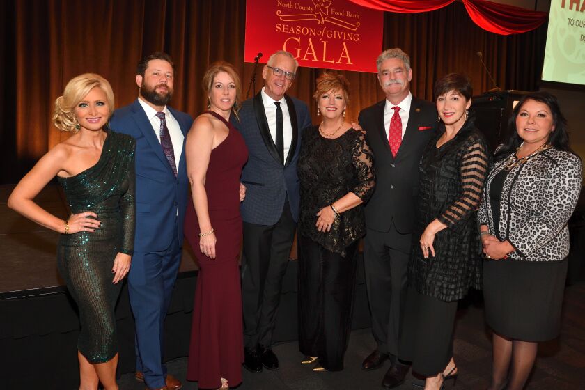 Lisa Remillard (event emcee), Brad Waters and Molly Addington Waters (she’s an event co-chair), Pat Burke, Katherine Zimmer (event co-chair), James and Cheryl Floros (he’s Jacobs and Cushman Food Bank president/CEO), Tishmall Turner (vice chair of Rincon Band; gala title sponsor)