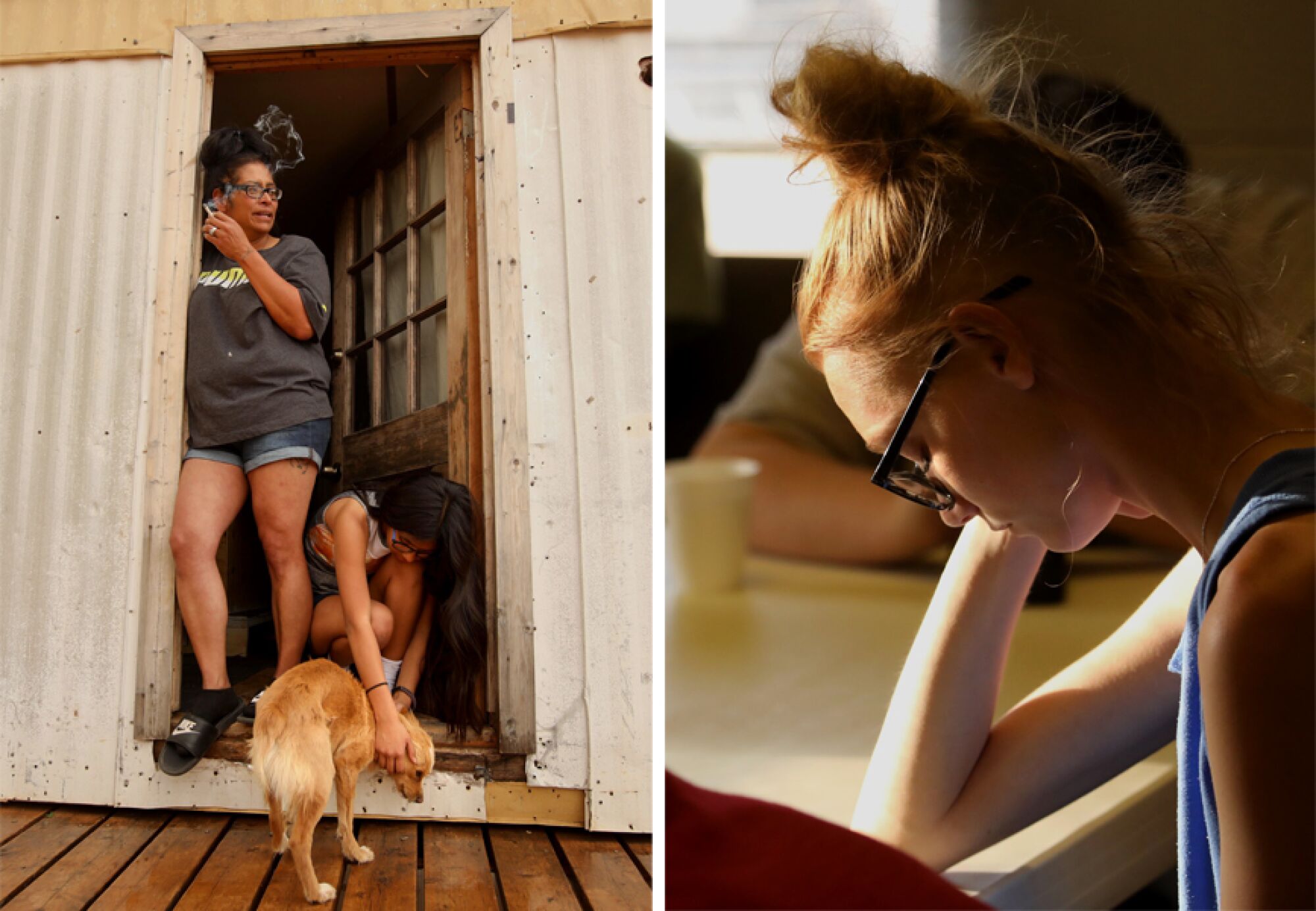 At left,  a woman smoking and a girl petting a dog; at right, a teen praying