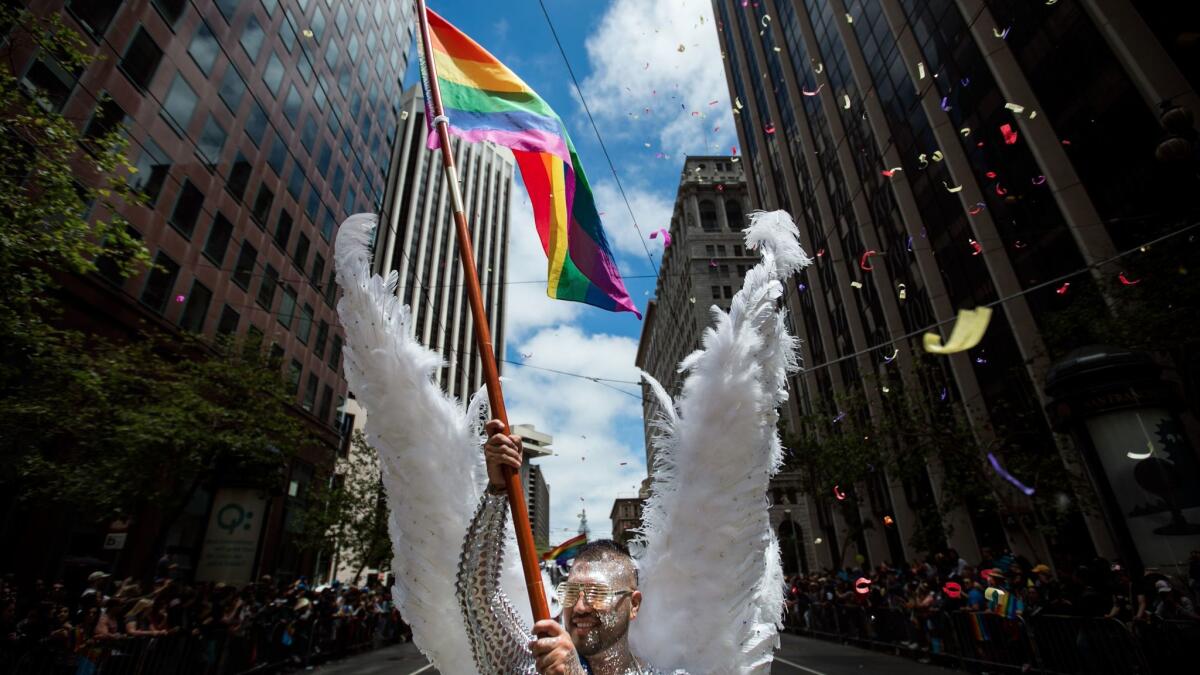 A flag bearer marches down Market Street during the 45th Annual San Francisco Pride Celebration & Parade on June 28, 2015.