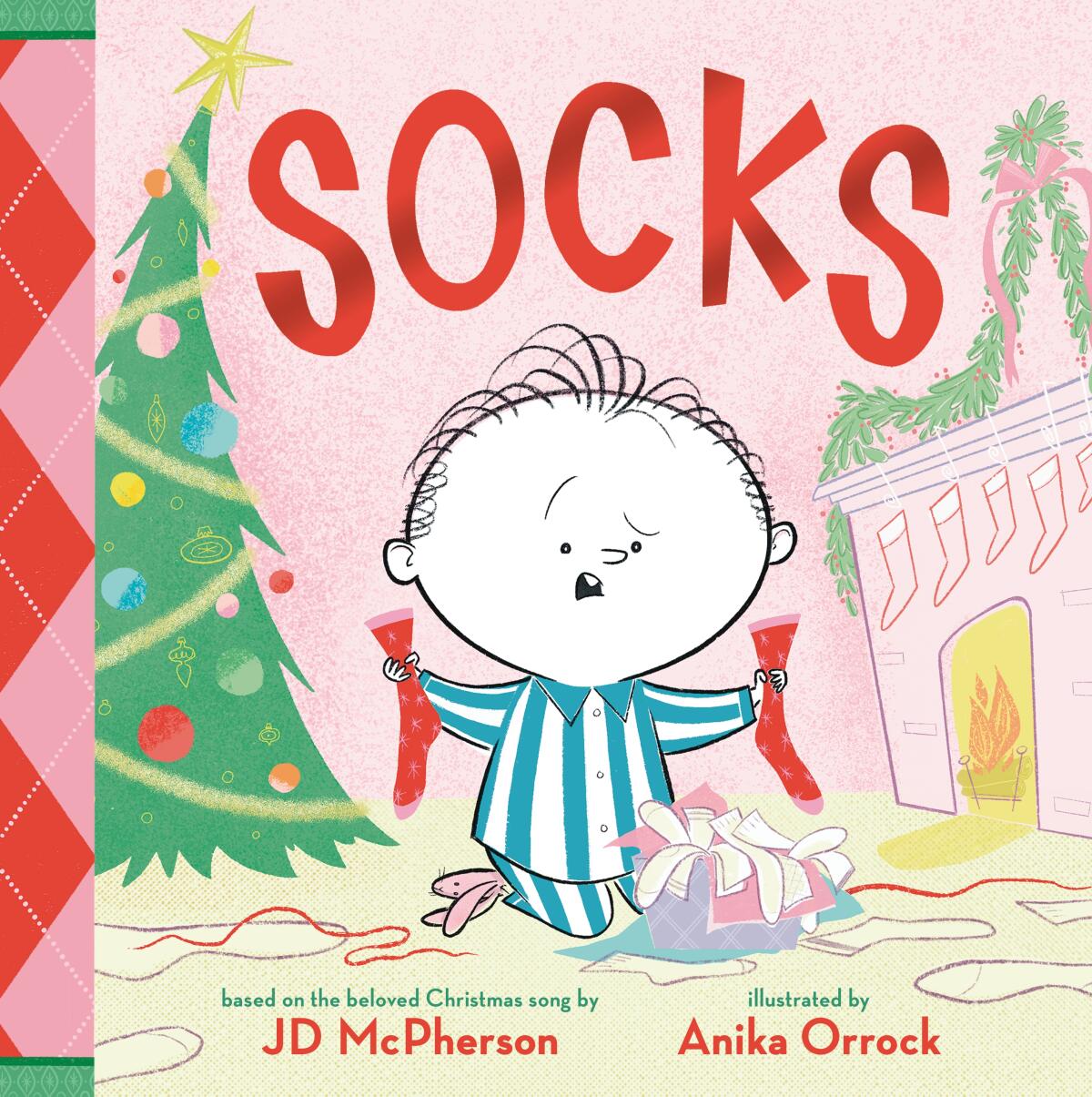 The cover “Socks: A Kid’s Christmas Lament” is an illustration of a child in Pjs holding red socks near a Christmas tree.