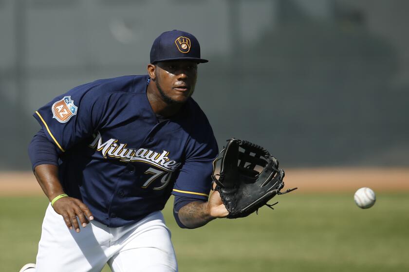 Milwaukee's Rymer Liriano makes a play during a spring training workout on March 1.