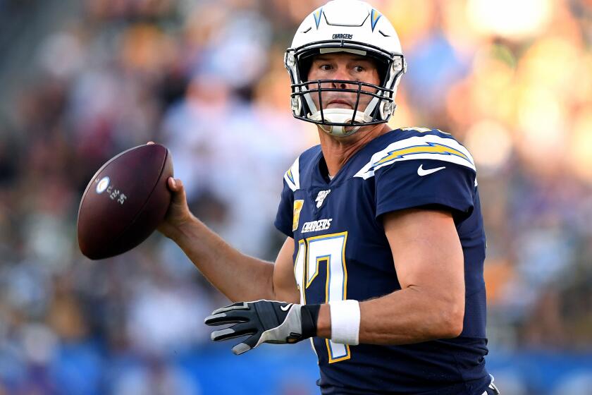 CARSON, CALIFORNIA - NOVEMBER 03: Philip Rivers #17 of the Los Angeles Chargers prepares to throw during a 26-11 Chargers win over the Green Bay Packers at Dignity Health Sports Park on November 03, 2019 in Carson, California. (Photo by Harry How/Getty Images)