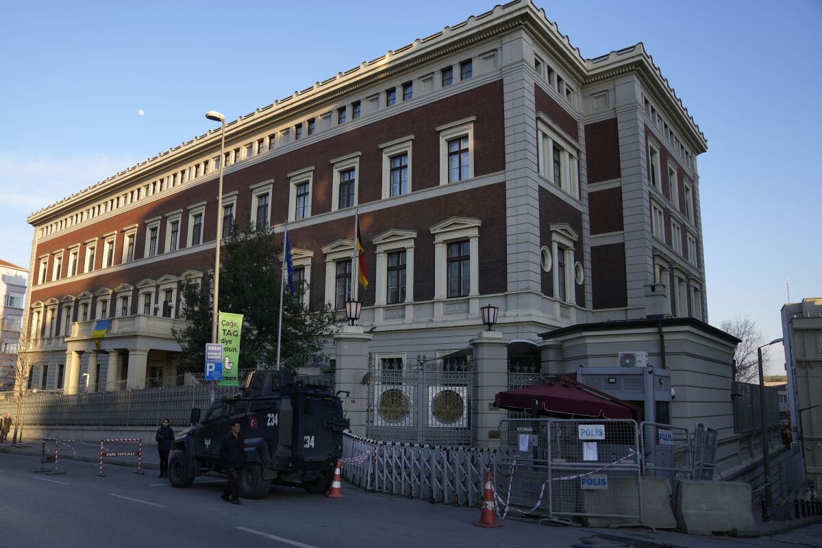 An an armored police vehicle guards outside the German consulate in Istanbul, Thursday, Feb. 2, 2023. Turkey on Thursday slammed a group of Western countries that temporarily closed down their consulates in Istanbul over security concerns, accusing them of waging “psychological warfare” and attempting to wreck Turkey’s tourism industry. (AP Photo/Khalil Hamra)
