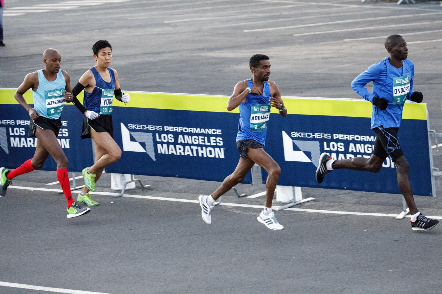 The elite men start the L.A. Marathon at Dodger Stadium on March 18.