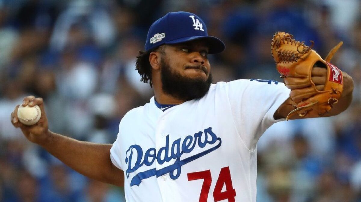 The Dodgers' Kenley Jansen closes out a 6-5 win over the Washington Nationals in Game 4 of the National League Division Series at Dodger Stadium on Oct. 11.