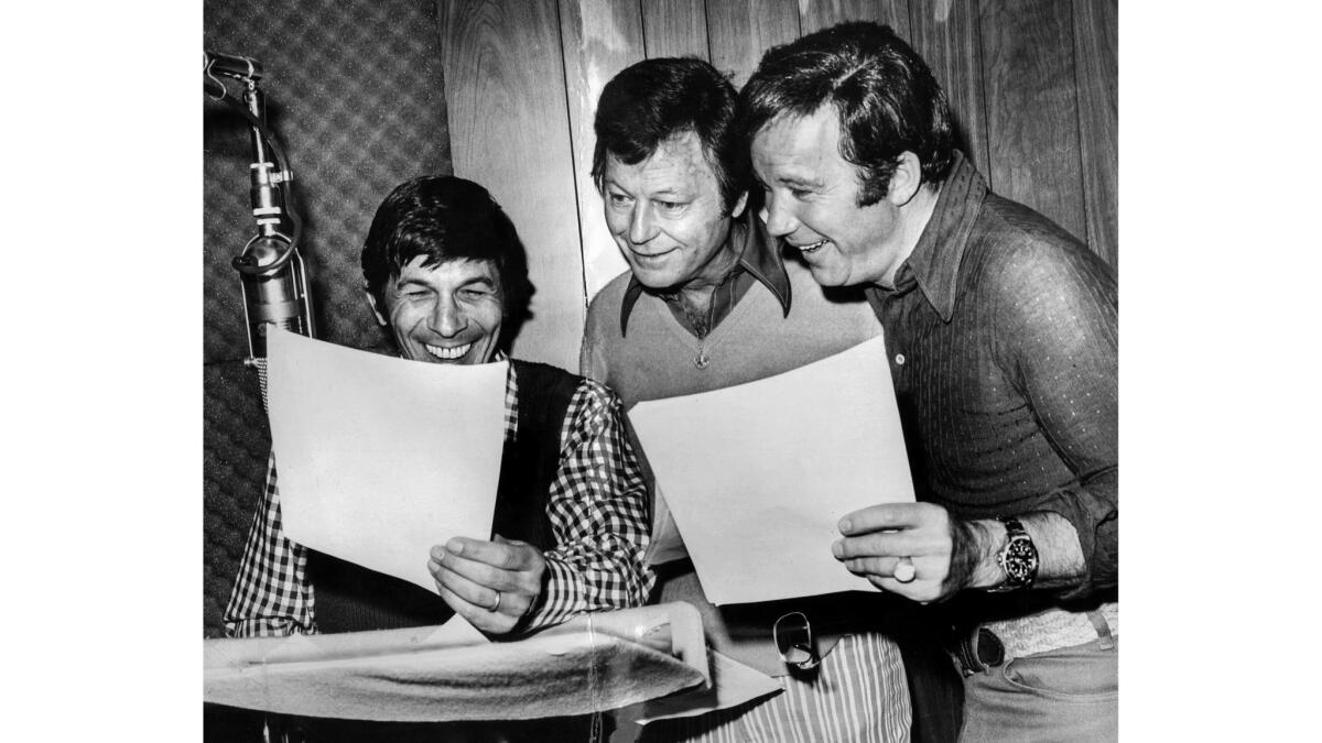 April 24, 1973: From left, Leonard Nimoy, DeForest Kelley and William Shatner – stars of hit TV series "Star Trek" – record their voices in a Los Angeles studio for "Star Trek: The Animated Series."