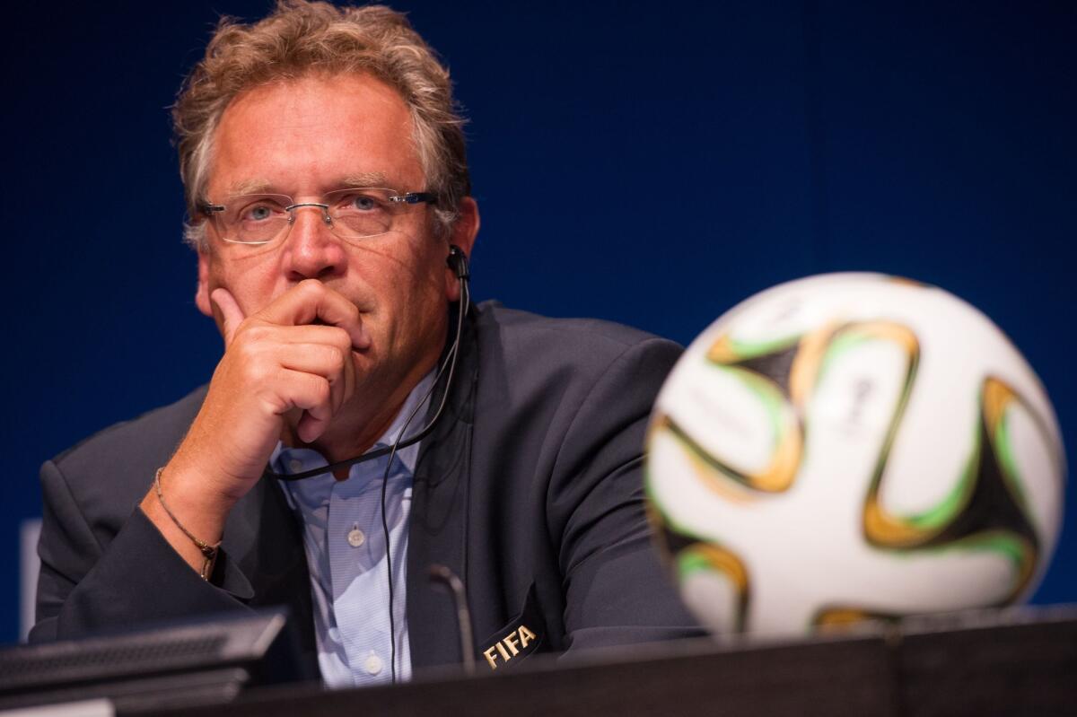 FIFA Secretary General Jerome Valcke attends a news conference in Zurich last September.