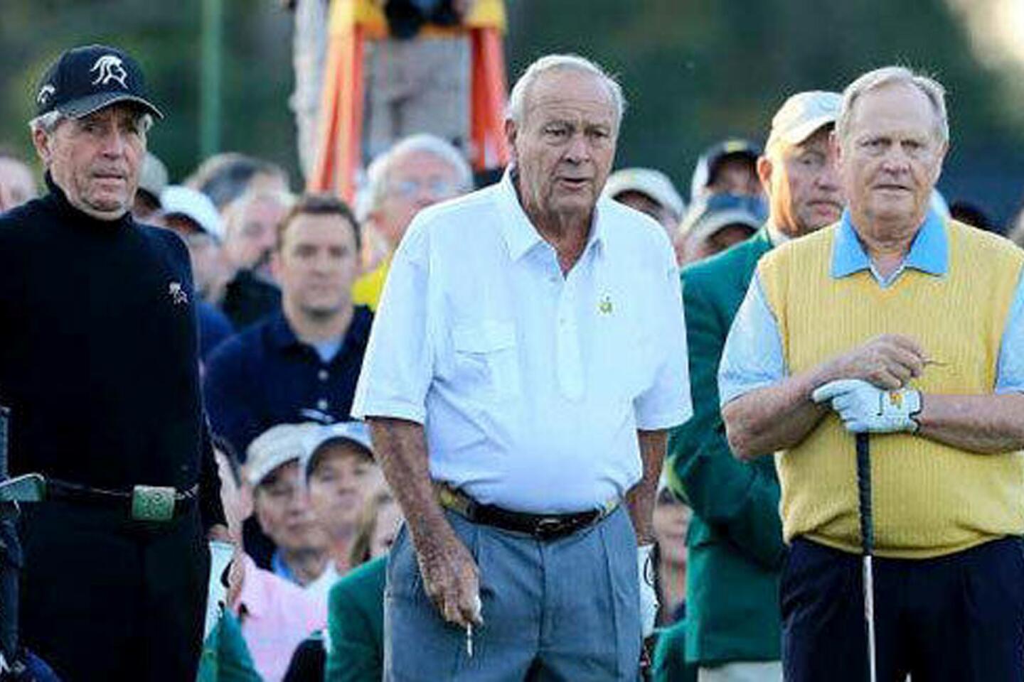 Arnold Palmer, center, is joined by Gary Player, left, and Jack Nicklaus on the first tee at Augusta National for the 2012 Master.