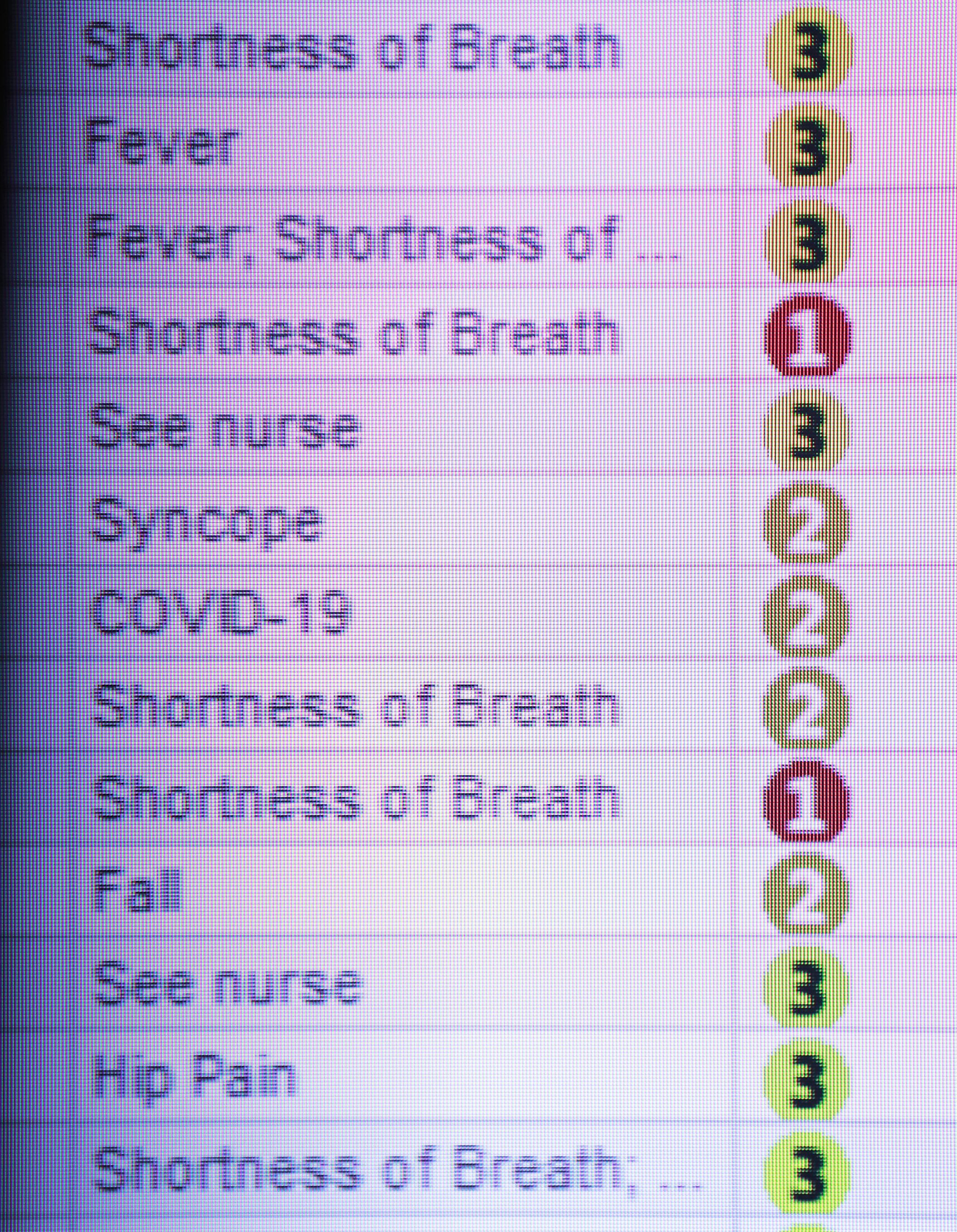 A monitor shows the symptoms of patients in the emergency room at Scripps Memorial Hospital La Jolla on Monday.