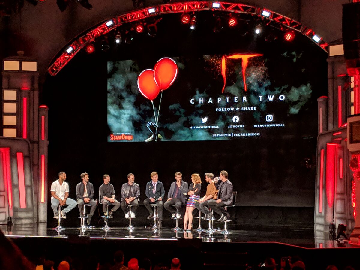 (from left) Isaiah Mustafa, Andy Bean, James Ransone, Bill Hader, moderator Conan O'Brien, Andres Muschietti, Jessica Chastain, James McAvoy and Jay Ryan attend an "It Chapter Two" panel July 18 at San Diego Comic-Con.