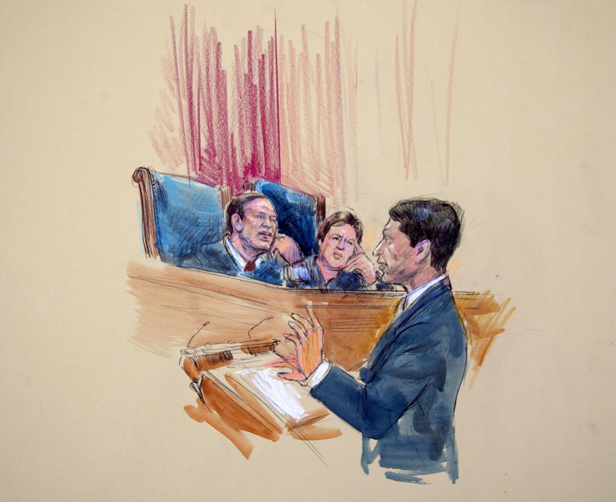 This artist rendering shows Deputy Solicitor Gen. Sri Srinivasan addressing the Supreme Court, including Justices Samuel Alito, left, and Elena Kagan, right, on Wednesday as the court heard arguments on the Defense of Marriage Act.