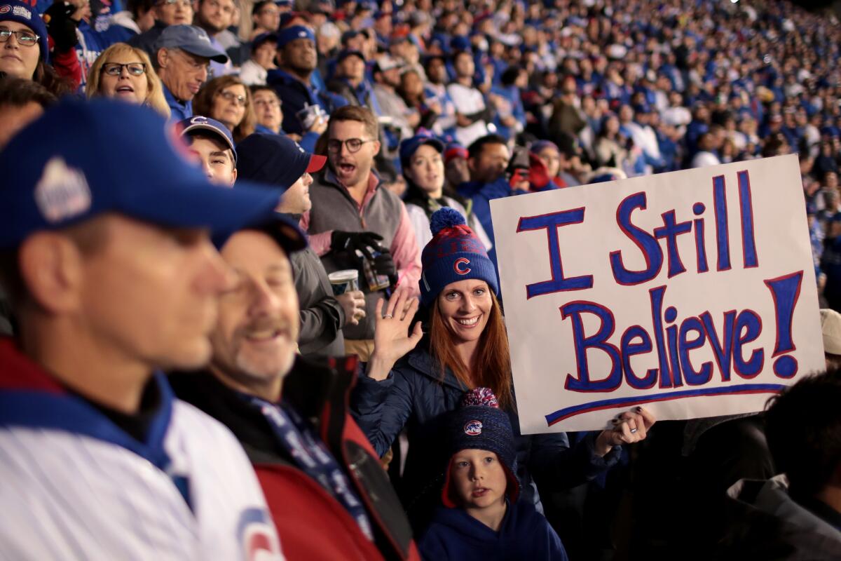 CHICAGO, IL - OCTOBER 30: Fans cheer during Game Five of the 2016 World Series between the Chicago Cubs and the Cleveland Indians at Wrigley Field on October 30, 2016 in Chicago, Illinois. (Photo by Scott Olson/Getty Images) ** OUTS - ELSENT, FPG, CM - OUTS * NM, PH, VA if sourced by CT, LA or MoD **