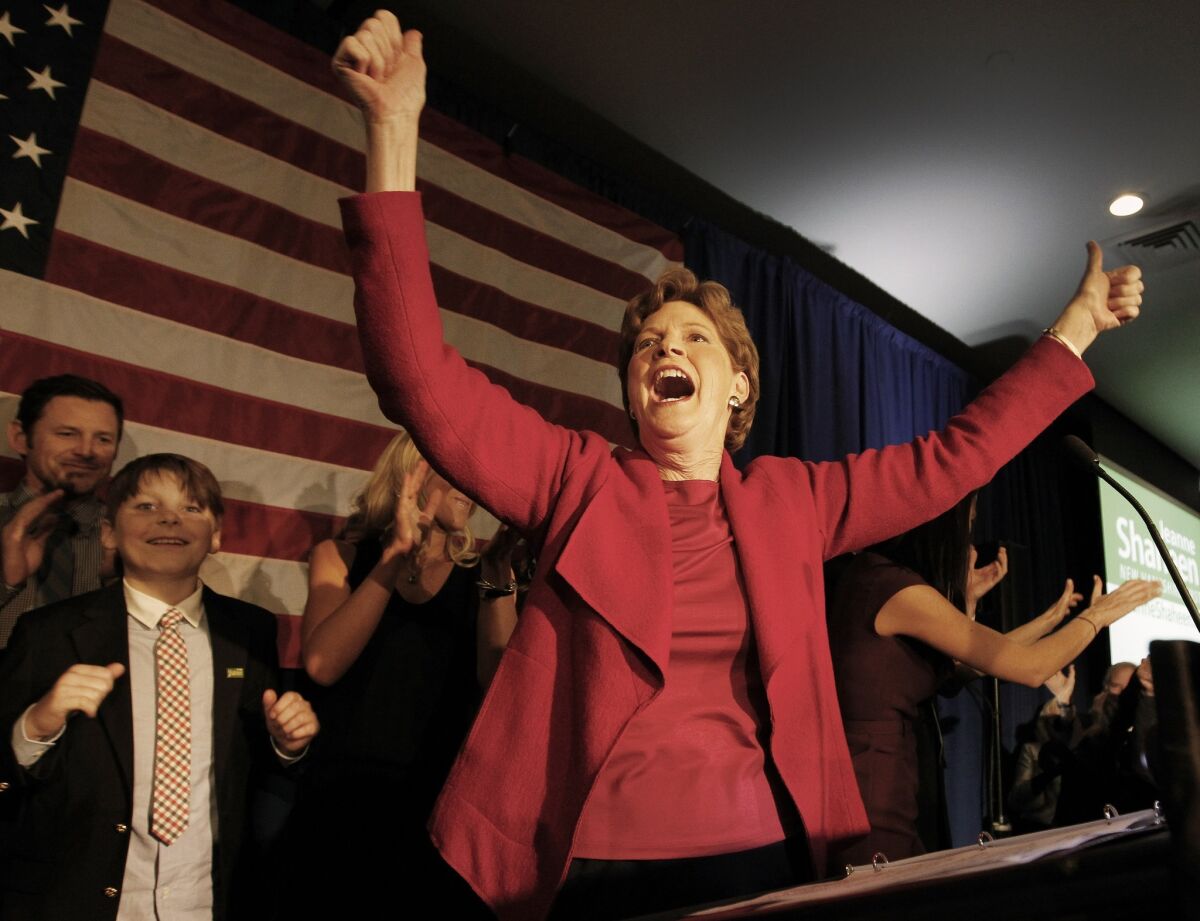 Sen. Jeanne Shaheen (D-N.H.) celebrates in Manchester, N.H., with supporters after winning the election for a second term in the Senate.