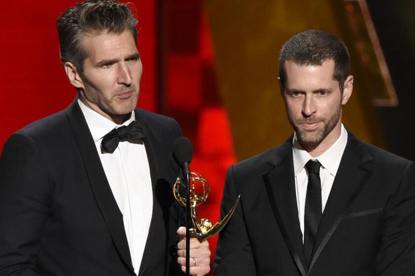 FILE - In this Sept. 20, 2015 file photo, creator-showrunners David Benioff, left, and D.B. Weiss accept the award for outstanding writing for a drama series for "Game Of Thrones" at the 67th Primetime Emmy Awards in Los Angeles. HBOâs announcement, Wednesday, July 19, 2017, that Benioff and Weiss will follow "Game of Thrones" with an HBO series in which slavery remains legal in the modern-day South drew fire on social media from those who fear that a pair of white producers are unfit to tell that story and that telling it will glorify racism. The series, âConfederate,â will take place in an alternate timeline where the southern states have successfully seceded from the Union and formed a nation in which legalized slavery has evolved into a modern institution. (Photo by Chris Pizzello/Invision/AP, File)