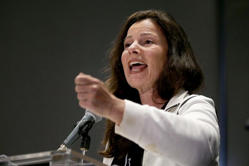 Los Angeles, CA - Screen Actors Guild President Fran Drescher speaks forcefully during a press conference at union headquarters in Los Angeles to announce a strike on Thursday, July 12, 2023. (Luis Sinco / Los Angeles Times)