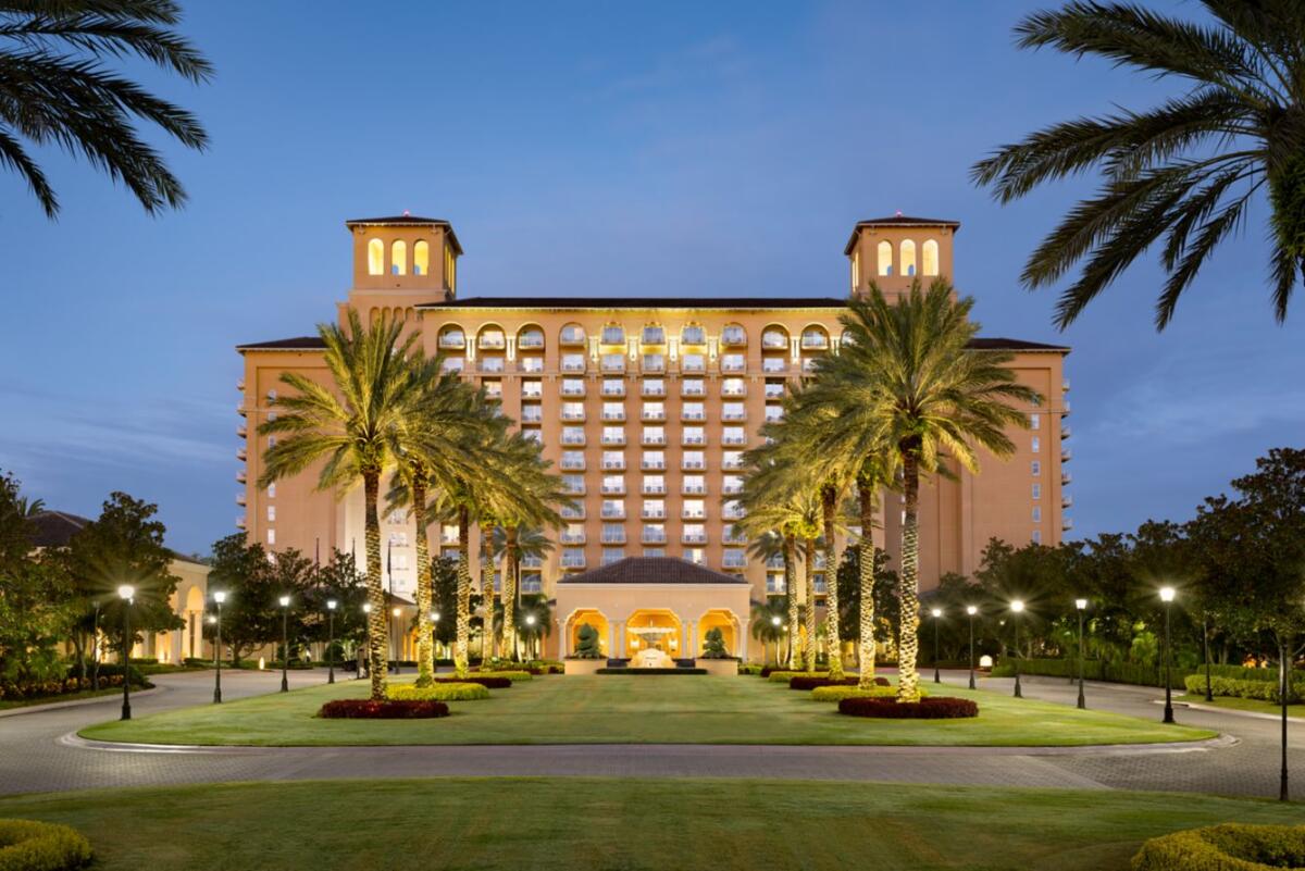 The Ritz-Carlton Orlando exterior at night.