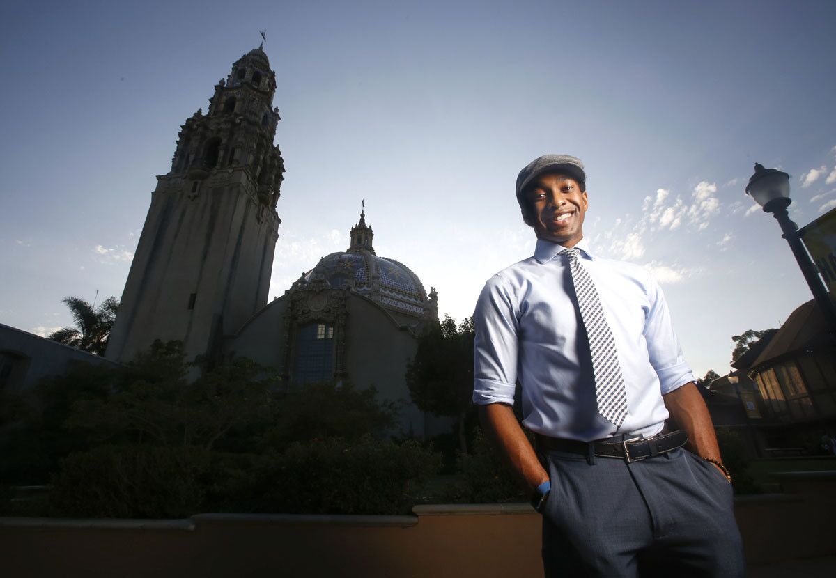 Actor Edred Utomi photographed in Copley Plaza at the Old Globe Theatre in Balboa Park, is a University of San Diego graduate who has been in shows at the San Diego Repertory Theatre, Lamb's Players Theatre, and was just in San Diego Musical Theatre's "Pump Up the Volume." (Howard Lipin/San Diego Union-Tribune)