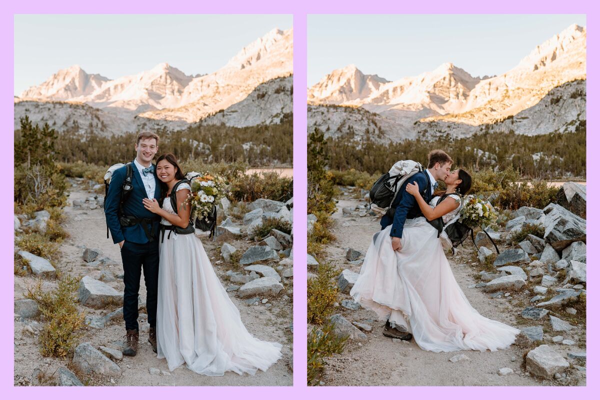 diptych with two photos of a couple in their wedding attire in the mountains