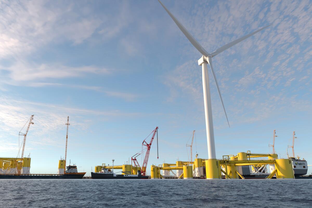 A rendering shows a wind turbine built on sea water.