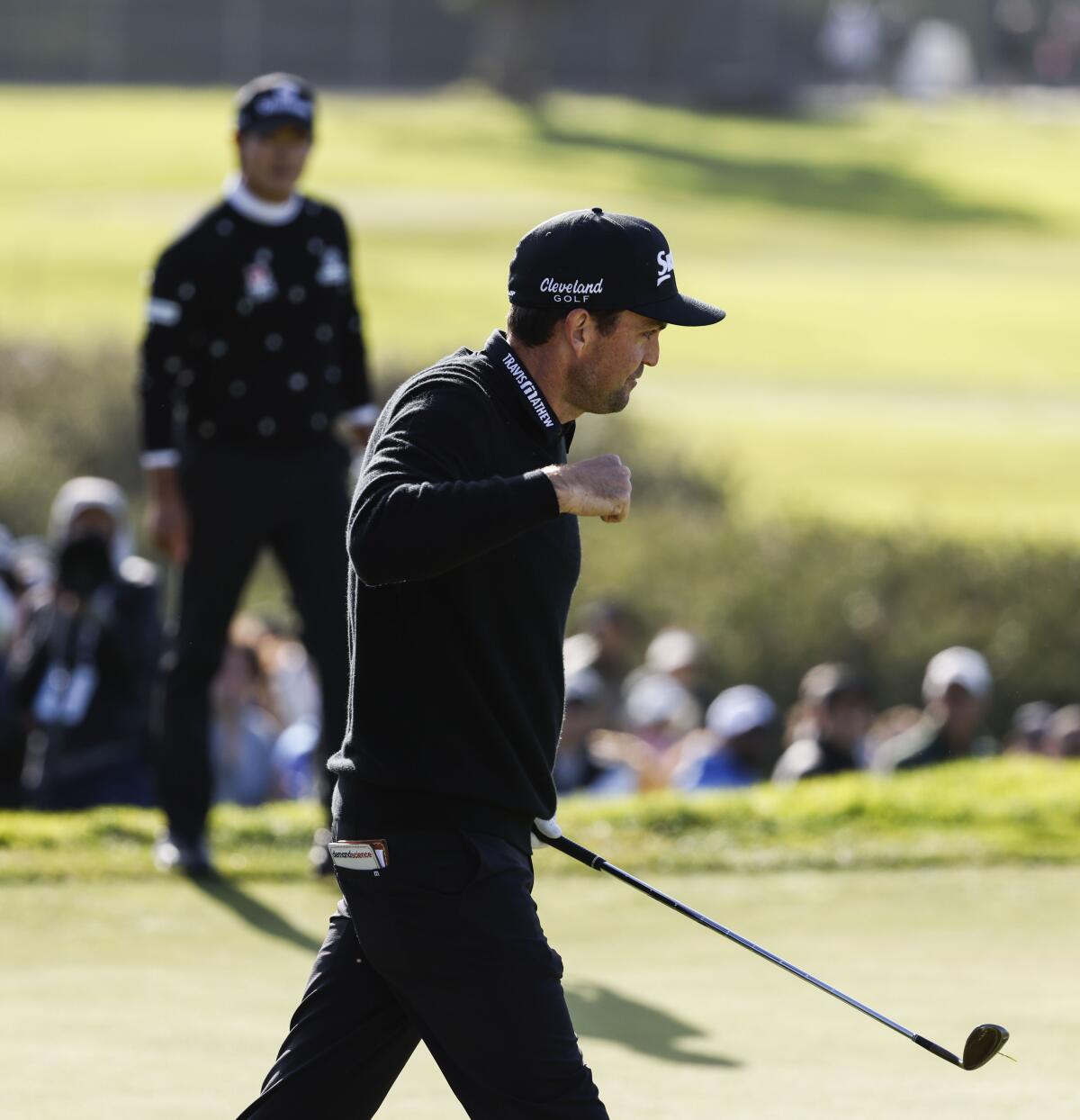 Keegan Bradley reacts after putting on the 13th hole during the final round of the Farmers Insurance Open on Jan. 28.