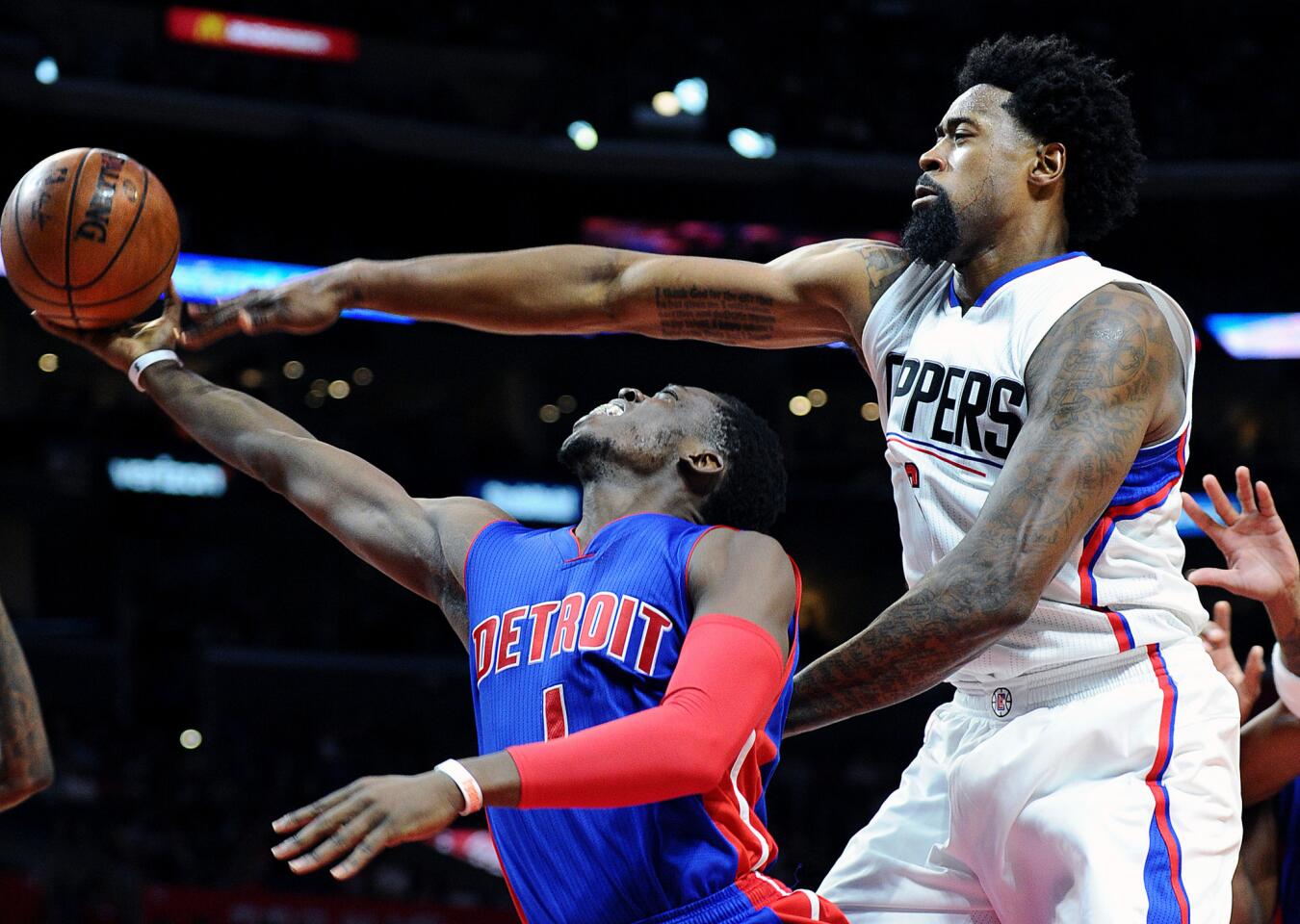 Clippers center DeAndre Jordan forces Pistons guard Reggie Jackson into a missed shot in the fourth quarter.