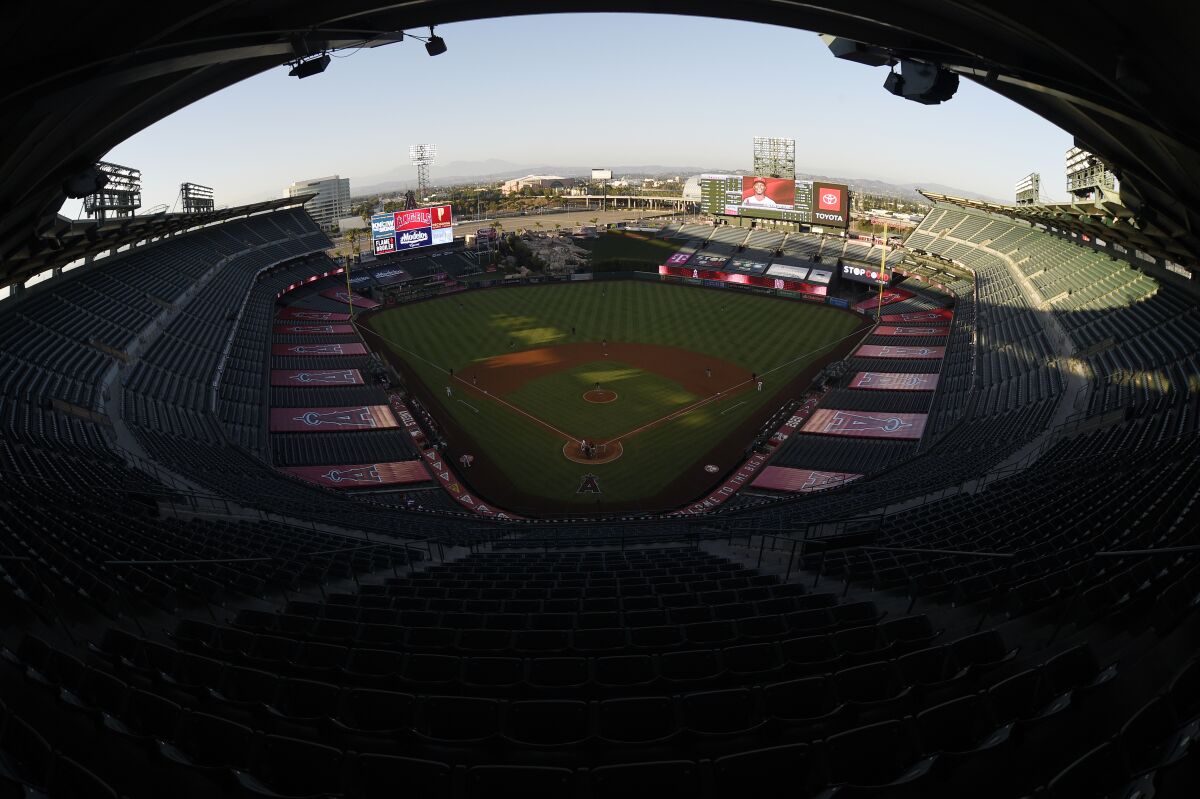 A view of of the field at Angel Stadium in Anaheim.
