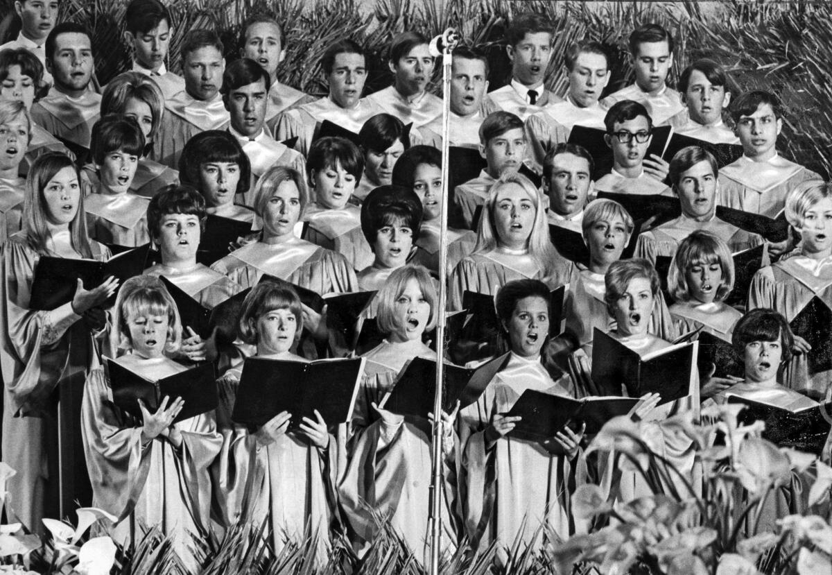 April 14, 1968: Members of the Bel Canto Chorale of West Covina High School sing during 48th annual Hollywood Bowl Easter Sunrise services.