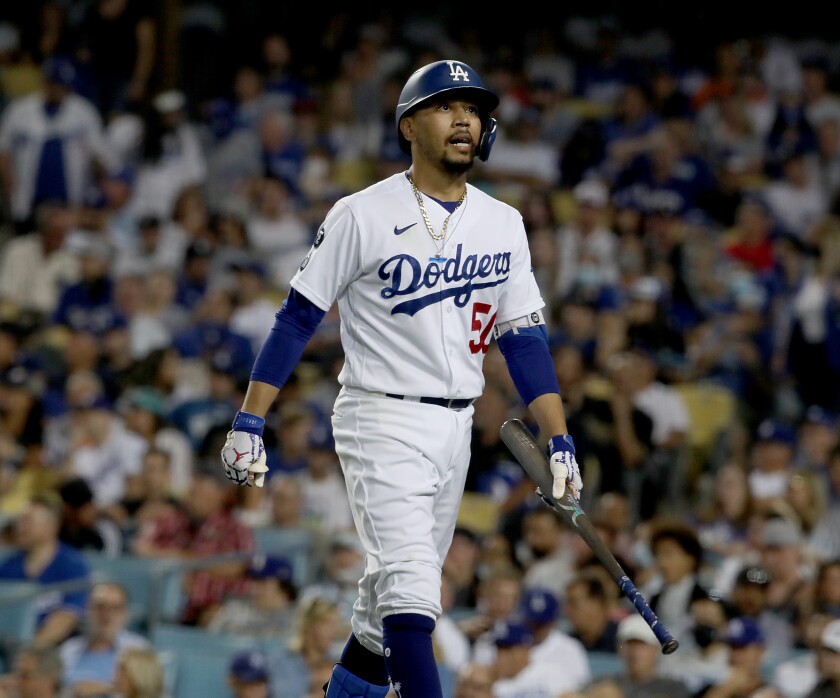 Dodgers outfielder Mookie Betts reacts after striking out against the Houston Astros.