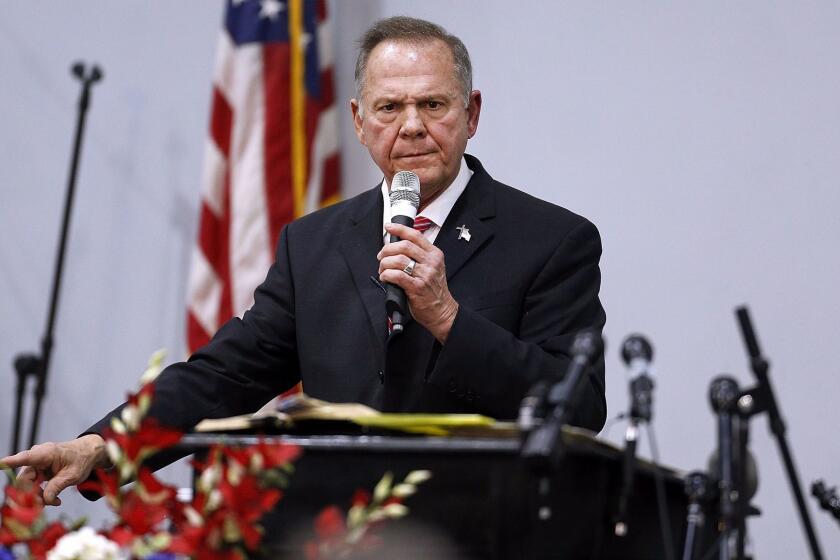 JACKSON, AL - NOVEMBER 14: Republican candidate for U.S. Senate Judge Roy Moore speaks during a campaign event at the Walker Springs Road Baptist Church on November 14, 2017 in Jackson, Alabama. The embattled candidate has been accused of sexual misconduct with underage girls when he was in his 30s. (Photo by Jonathan Bachman/Getty Images) ** OUTS - ELSENT, FPG, CM - OUTS * NM, PH, VA if sourced by CT, LA or MoD **