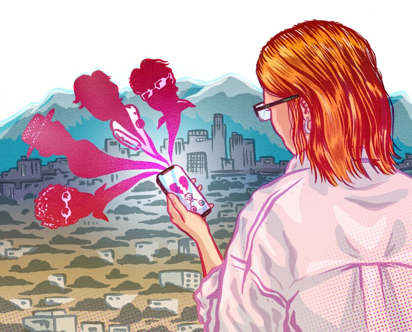Illustration of a woman looking at a dating app on her phone.