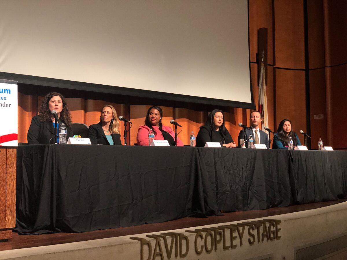 Six candidates running in three San Diego County Supervisors races took the stage to Thursday, Feb. 6th, to engage young San Diegans at a community forum. The candidates were, from left to right, Olga Diaz, Terra Lawson-Remer, Kenya Taylor, Nora Vargas, Rafael Castellanos and Sophia Rodriguez.