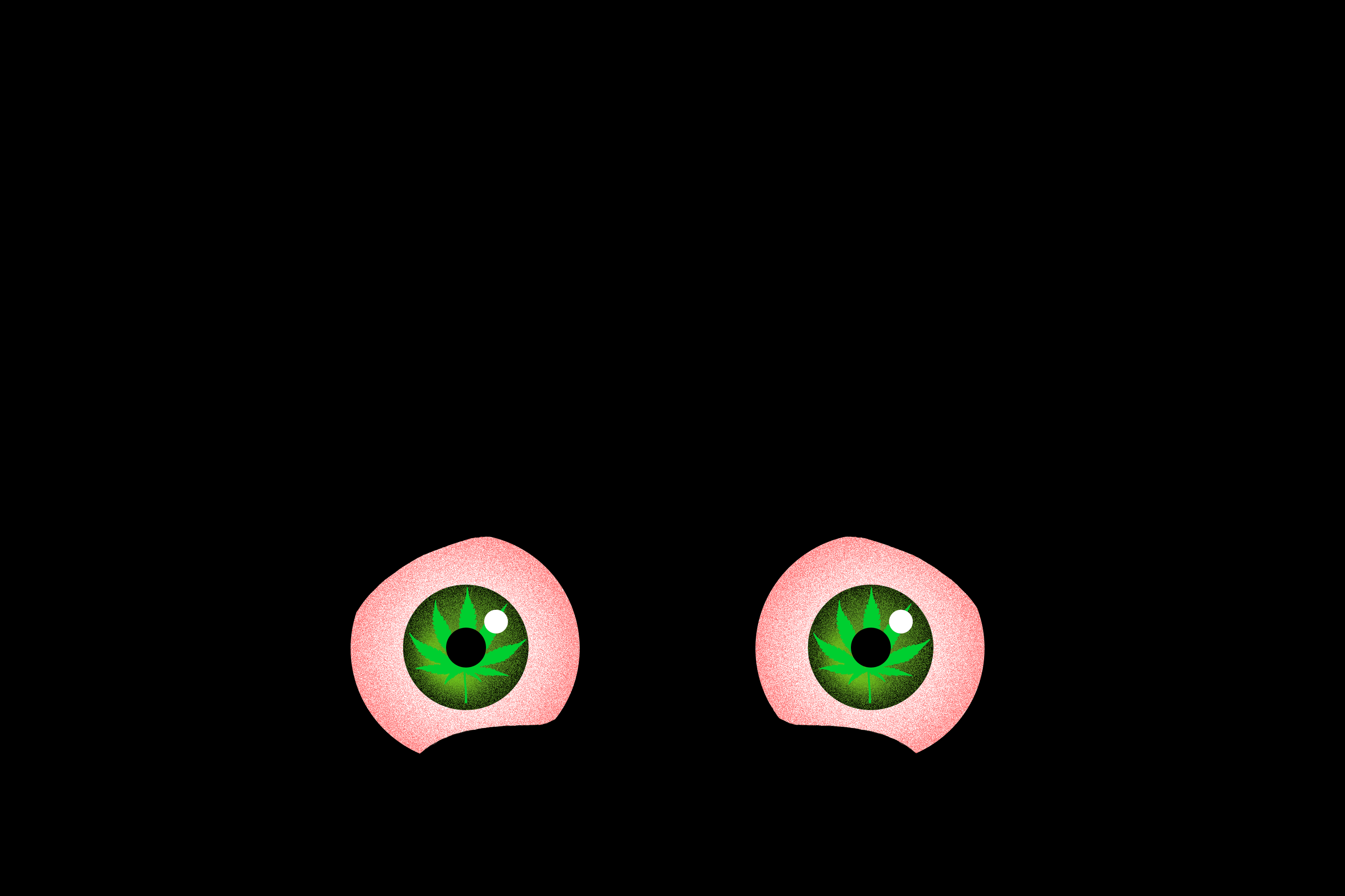 illustration of anxious eyes with cannabis pupils looking around on a black background.