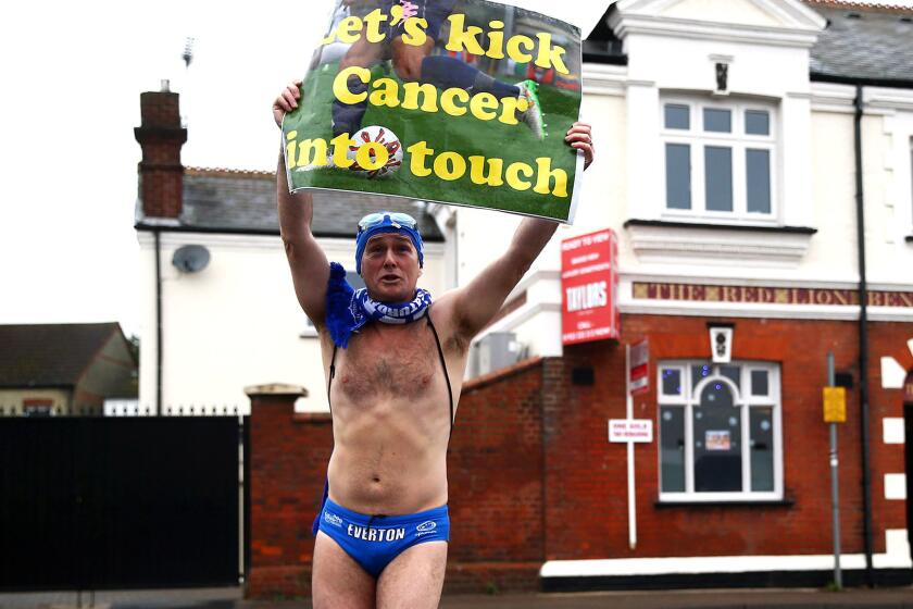 WATFORD, ENGLAND - DECEMBER 10: Charity fundraiser and Everton fan Michael Cullen AKA Speedo Mick collects donations outside the stadium the Premier League match between Watford and Everton at Vicarage Road on December 10, 2016 in Watford, England. (Photo by Jordan Mansfield/Getty Images) ** OUTS - ELSENT, FPG, CM - OUTS * NM, PH, VA if sourced by CT, LA or MoD **