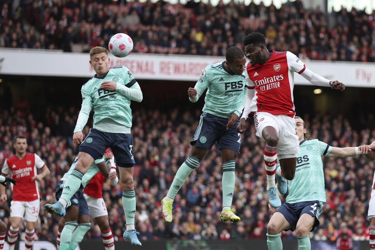 Arsenal's Thomas Partey scores his side's first goal during the English Premier League soccer match between Arsenal and Leicester City at the Emirates Stadium, in London, Sunday, March 13, 2022. (AP Photo/Ian Walton)