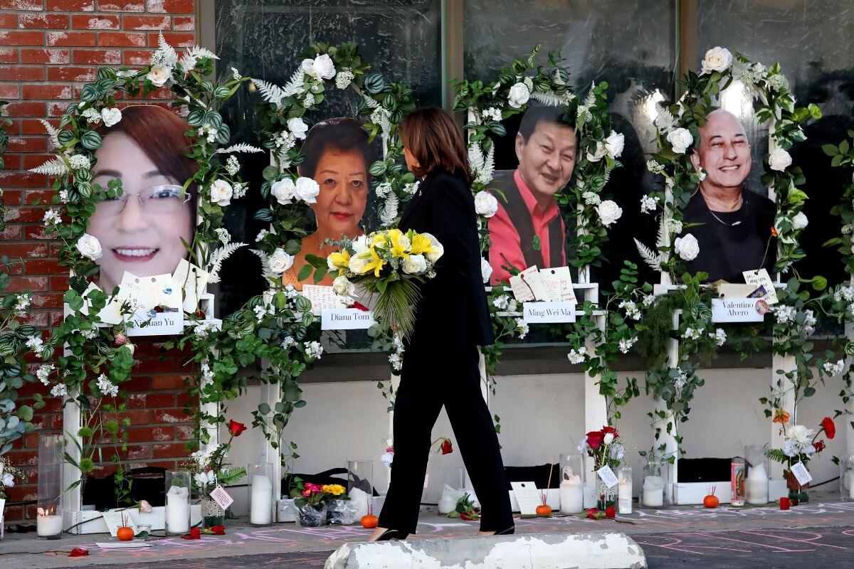 Vice President Kamala Harris visits the site of the mass shooting in Monterey Park on Jan. 25.